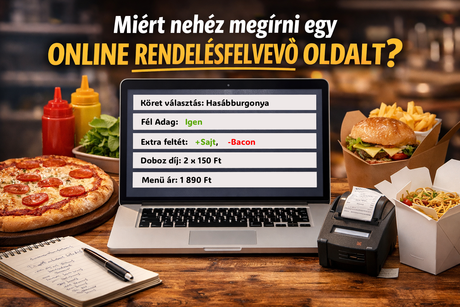 Online rendelésfelvevő rendszer vendéglátóhelyeknek - ételválasztás körettel, fél adag opcióval, menülogikával és dobozdíj számítással, modern éttermi weboldal felületen.